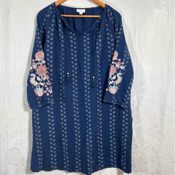 J Jill Dress Large Blue Embroidered Floral Pockets Tassel Knee Length Boho Flowy - Picture 1 of 13